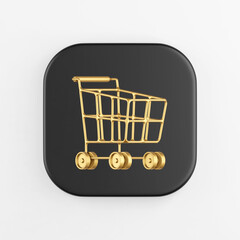 Poster - Golden shopping cart on wheels icon. 3d rendering of black square key button, interface ui ux element.