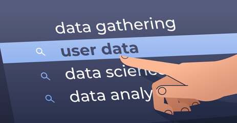Poster - human hand choosing user data in search bar on virtual screen internet networking concept
