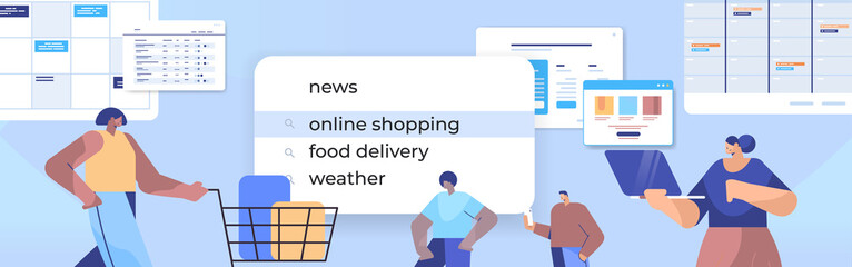 Poster - mix race customers choosing online shopping in search bar on virtual screen internet networking conc