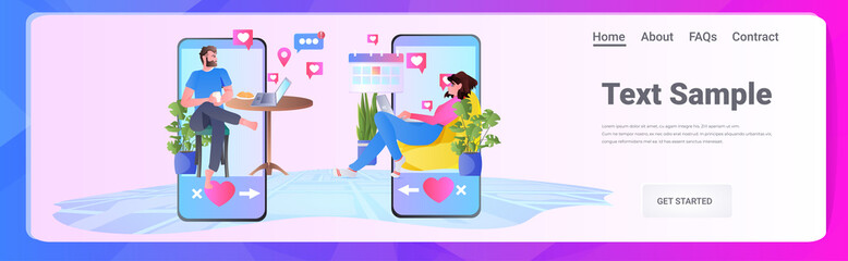 Poster - couple in love using mobile app man woman chatting during virtual meeting social relationships commu