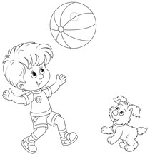 Happy Little Boy Running And Playing A Big Striped Ball With His Cute Merry Pup On Summer Vacation, Black And White Outline Vector Cartoon Illustration For A Coloring Book Page