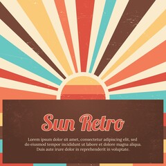 Sun retro square banner. Colourful summer vintage background.