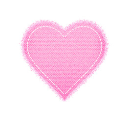 denim pink heart shape with seam. torn jean patch with stitches. vector realistic illustration on wh