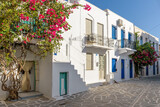Fototapeta Do pokoju - Traditional Cycladitic alley with a narrow street, whitewashed houses and a blooming bougainvillea in Parikia, Paros island, Greece