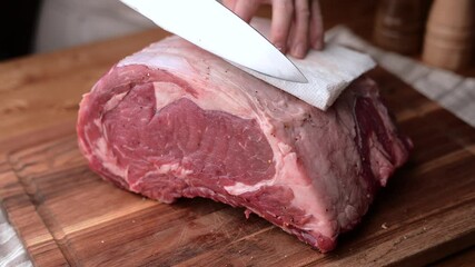 Poster - chef cutting block of ribeye beef steak, slow motion 4k 120p