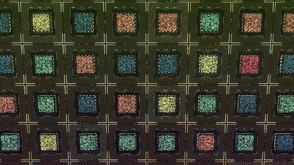 Aufkleber - Abstract parallel rows of square shaped QR codes moving on dark green background. Animation. Concept of digital information, seamless loop.
