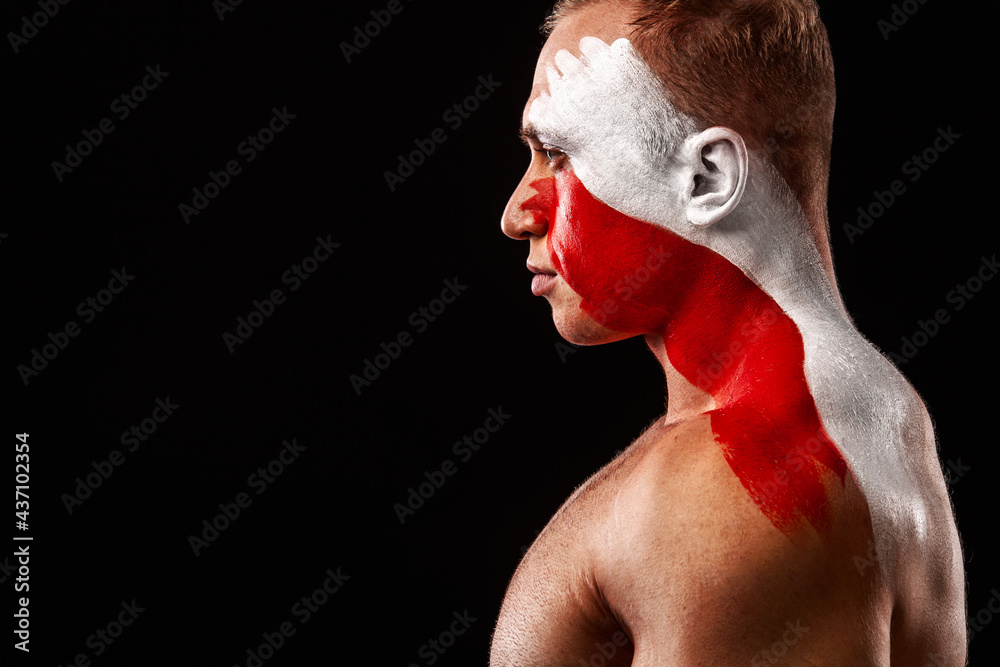 Switzerland fan. Soccer or football athlete with flag bodyart on face. Sport concept with copyspace. - obrazy, fototapety, plakaty 