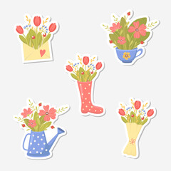  Set of cute stickers with bouquets of spring flowers