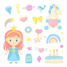 Cute Fairytale Set With Little Princess, Baby Unicorn, Rainbow, Cake, Bird And Other Magic Elements