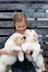 Wall Mural - Little Girl Playing With Golden Retriever Puppy