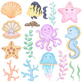 Fototapeta  - Watercolor underwater world clip art, Sea animals, Printable art