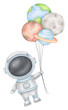Astronaut flies balloons, children's space print