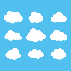 Wall Mural - set of cloud outline icons. nature symbol vector illustration on blue sky background.