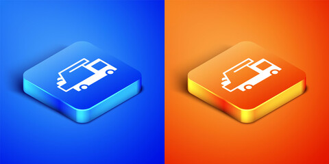 Sticker - Isometric Garbage truck icon isolated on blue and orange background. Square button. Vector