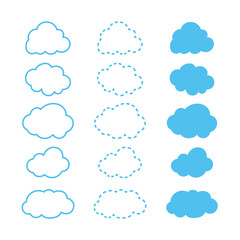 Wall Mural - set of cloud outline icons. nature symbol vector illustration on blue sky background.