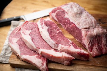 chef cutting block of ribeye beef steak