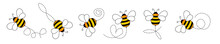 Set Of Cartoon Bee Mascot. A Small Bees Flying On A Dotted Route. Wasp Collection. Vector Characters. Incest Icon. Template Design For Invitation, Cards. Doodle Style