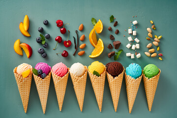 Wall Mural - Assorted of ice cream in cones on blue background. Colorful set of ice cream of different flavours. Ice cream isolated with nuts, fruits and berries.