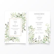 Wedding Invitation Menu Template With Green Leaves Design Vector Illustration