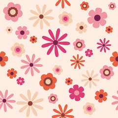 Wall Mural - 70's Indie Retro Aesthetic, Pink, Orange and Soft Neutral Beige Seamless Flower Power Floral Vector Repeating Pattern 
