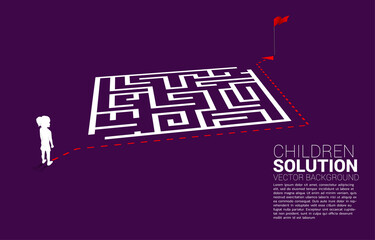 Poster - Silhouette of girl with route path go around the maze to goal. Concept of education solution and future of children.
