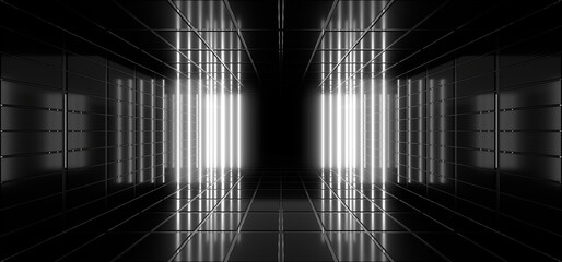 Wall Mural - A dark tunnel lit by white neon lights. Reflections on the floor and walls. 3d rendering image.