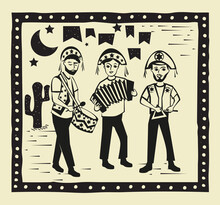 Musicians Playing In Festa Junina Vector. Traditional Brazilian Music Concept. Woodcut Style Illustration. 