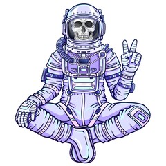 Wall Mural - Animation figure of the astronaut skeleton sitting in Buddha pose. Meditation in space. Color drawing. Vector illustration isolated on a white background. Print, poster, t-shirt, card.