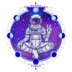 Wall Mural - Animation figure of the astronaut sitting in Buddha pose. Meditation in space.Background - the night star sky, circle phase of the moon. Sacred geometry. Vector illustration.  Print, poster, t-shirt.