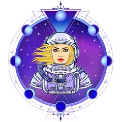 Wall Mural - Animation woman Astronaut in a space suit. Color drawing. Background - the night star sky, circle phase of the moon. Sacred geometry. Vector illustration.  Print, poster, t-shirt, card.