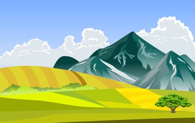 Wall Mural - Countryside landscape, mounatins and gold and green fields, farmland, outdoor theme vector illustration