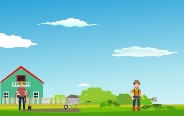 Wall Mural - Countryside landscape, mounatins farmer works, green fields, farm house, farmland, mills, outdoor theme vector illustration