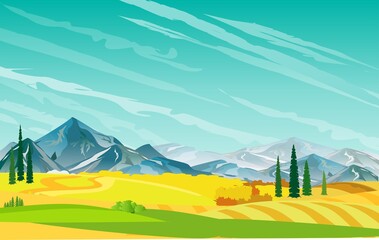 Wall Mural - Countryside landscape, mounatins and gold and green fields, farmland, outdoor theme vector illustration