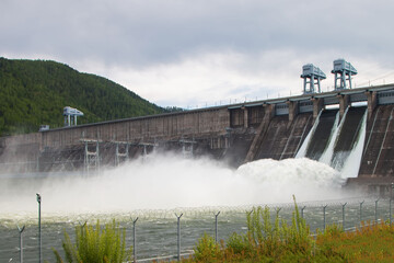 Water discharge to hydroelectric power station, Russia, Krasnoyarsk hydroelectric power station, Yenisei river