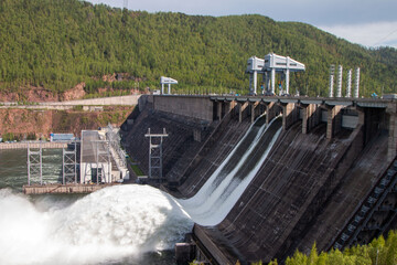 Wall Mural - Water discharge to hydroelectric power station, Russia, Krasnoyarsk hydroelectric power station, Yenisei river