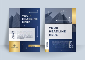 Wall Mural - Modern dark blue and gold abstract business cover background. Cover brochure template header and footers polygonal pattern luxury style on dark blue and white background with golden lines.
