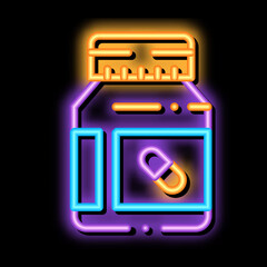 Poster - Vitamin Pills Container neon light sign vector. Glowing bright icon transparent symbol illustration