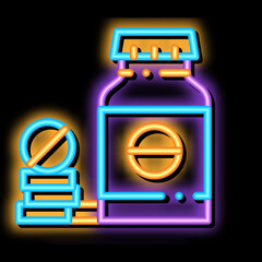 Sticker - Bio Supplements Drugs Bottle neon light sign vector. Glowing bright icon transparent symbol illustration