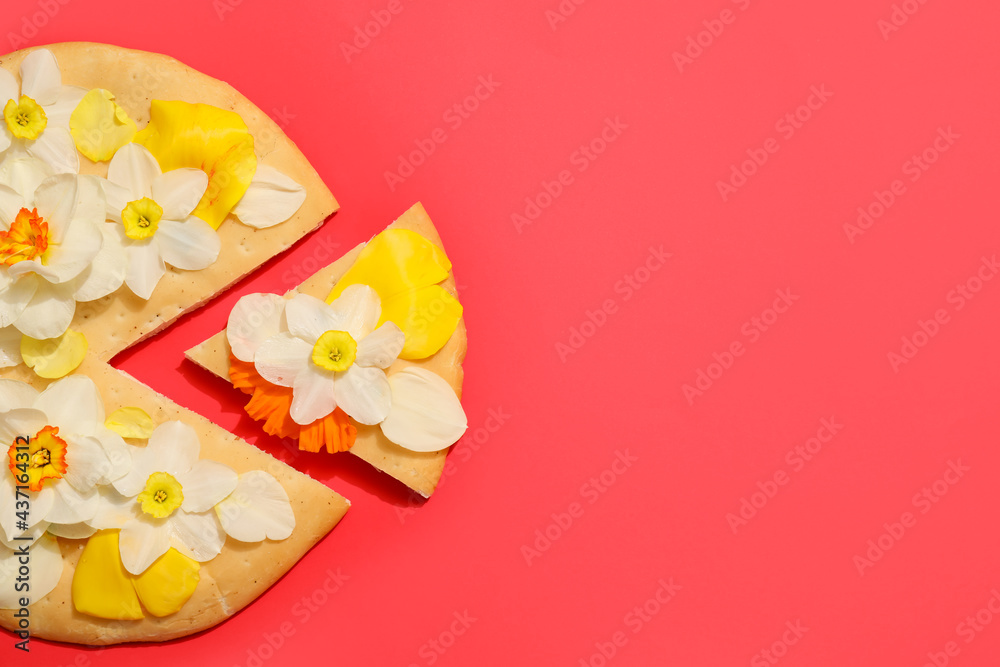 Creative composition with tasty pizza and narcissus flowers on color background