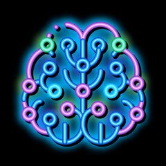 Poster - Artificial Intelligence Brain neon light sign vector. Glowing bright icon transparent symbol illustration