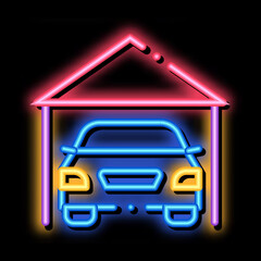 Poster - Garage Shed With Car Vehicle neon light sign vector. Glowing bright icon transparent symbol illustration