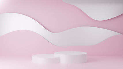 White cylinder podium on pink wave background for product presentation, mock up, show cosmetic product, Podium, stage pedestal or platform, 3d illustration, Minimal 3d rendering.