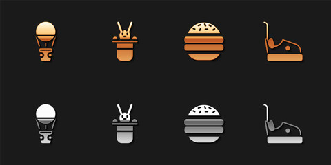 Wall Mural - Set Hot air balloon, Magician hat and rabbit, Burger and Bumper car icon. Vector