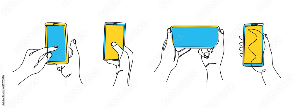 Hand Line Phones Continuous line hands with phones. One line phones in portrait and ...