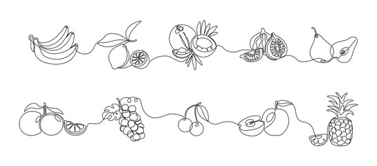 one line fruits. continuous line exotic pineapple banana citrus pear and grape, trendy monoline heal