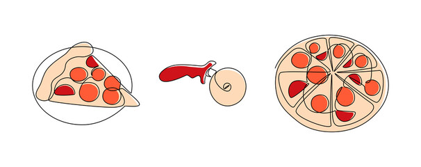 Continuous line pizza. One line baked Italian food with pepperoni and tomatoes, monoline pizza knife and slice. Vector isolated set