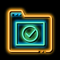Poster - Computer Folder With Approved Mark neon light sign vector. Glowing bright icon transparent symbol illustration