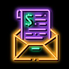 Sticker - Invoice Message In Envelope And Dollar neon light sign vector. Glowing bright icon transparent symbol illustration