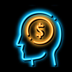 Poster - Dollar Coin Money In Man Silhouette Mind neon light sign vector. Glowing bright icon transparent symbol illustration