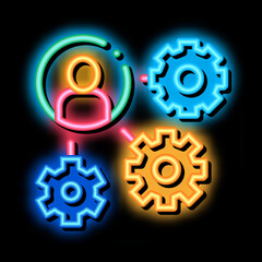 Poster - Gear Mechanism And Man Silhouette Agile neon light sign vector. Glowing bright icon transparent symbol illustration